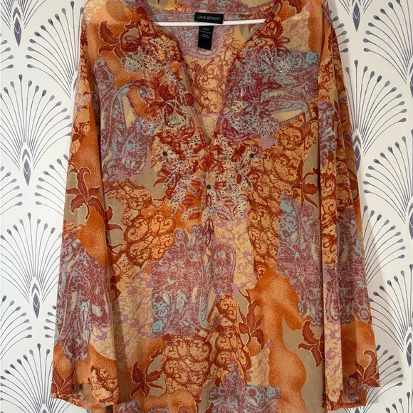 Lane Bryant Orange Brown Graphic Long Sleeve Blouse - Picture 7 of 7